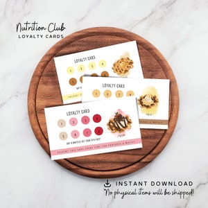Cartão de fidelidade para impressão, cartão de recompensas do clube de nutrição, cartão de fidelidade de padaria, waffles de proteína, doces, cartão de desconto, download instantâneo