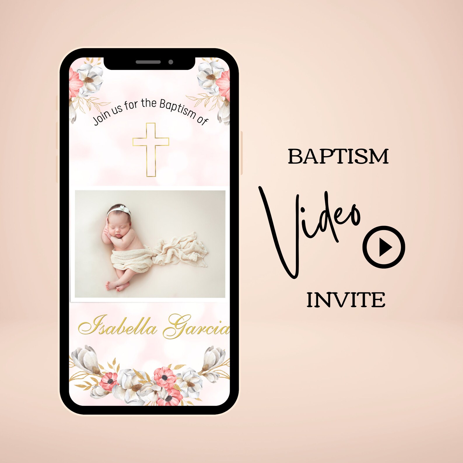 Pink Baptism Video Invitation, Girls Baptism Invite, Baptism Evite