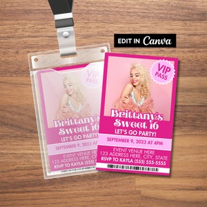 Hot Pink VIP Pass Party Invitation, VIP Insert for Lanyard, VIP Pass Invitation, Vip Birthday Invitation, Printable Vip Pass, Vip With Photo