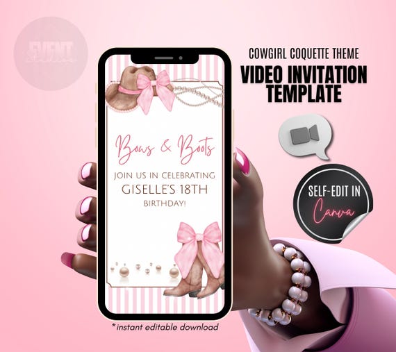 Cowgirl Coquette Video Invitation, Pink Bow Themed Invite, Boots and Bling, Pink Cowgirl Invite, Video Evite, Birthday Invite, Pink & Pearls