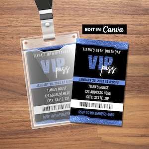 Blue VIP Pass Party Invitation, VIP Insert for Lanyard, VIP Pass Invitation, Vip Birthday Invitation, Printable Vip Pass, Editable, Template