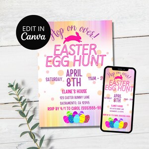 Easter Egg Hunt Invitation, Editable Invitation, Hop On Over, Egg Hunt Evite, Easter Invitation, Easter Egg Hunt Flyer, School Church Event