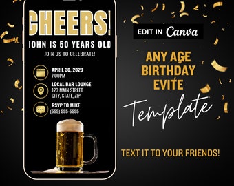 Mens Birthday Evite, 50th Birthday Invitation, Cheers and Beers, Cheers to 50 Years, Text Invitation, Editable Invitation Template