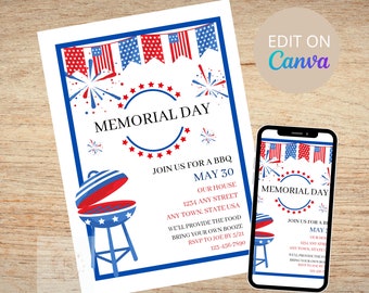 Memorial Day BBQ Invite, INSTANT DOWNLOAD, Editable, Printable, Patriotic Memorial Day Bbq Party Evite Template