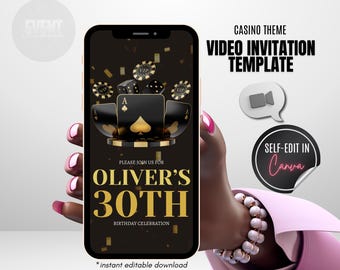 Casino Theme Video Invitation, Casino Birthday Invite, Video Evite, Black and Gold, Men's Invite, Any Age Invite, Animated Invite, VIP