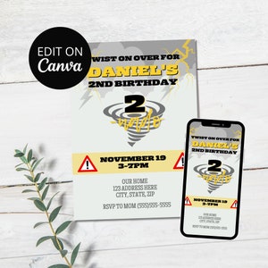 Editable Tornado Birthday Party Invitation, Two-Nado, Second Birthday, Twister Theme Party, Boys Birthday Party Invite, Evite, Template