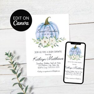Pumpkin Baby Shower Invitation, Boy, A Sweet Little Pumpkin is on the Way, Fall Baby Shower, Blue Pumpkin, Editable, Printable, Template