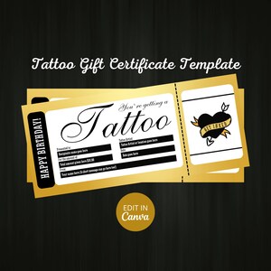 Tattoo Certificate Template, Tattoo Voucher Template, Birthday Gift Card Voucher, Printable Tattoo Ticket, Coupon Template, Surprise Tattoo
