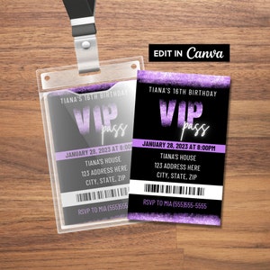 Purple VIP Pass Party Invitation, VIP Insert for Lanyard, VIP Pass Invitation, Vip Birthday Invite, Printable Vip Pass, Editable Template