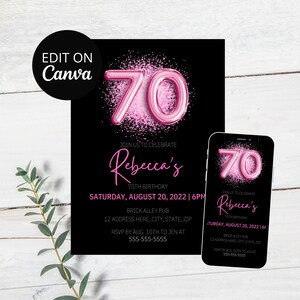 Invitación de cumpleaños número 70, cumpleaños importante, setenta, negro y rosa, Evite, globos, plantilla editable