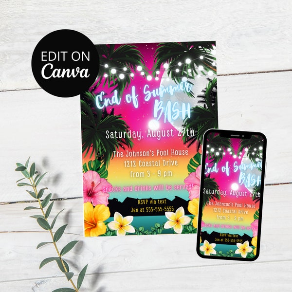 End of Summer Bash Invitation, Summer Party Invite, Pool Party, Beach Party, Evite, Editable Template