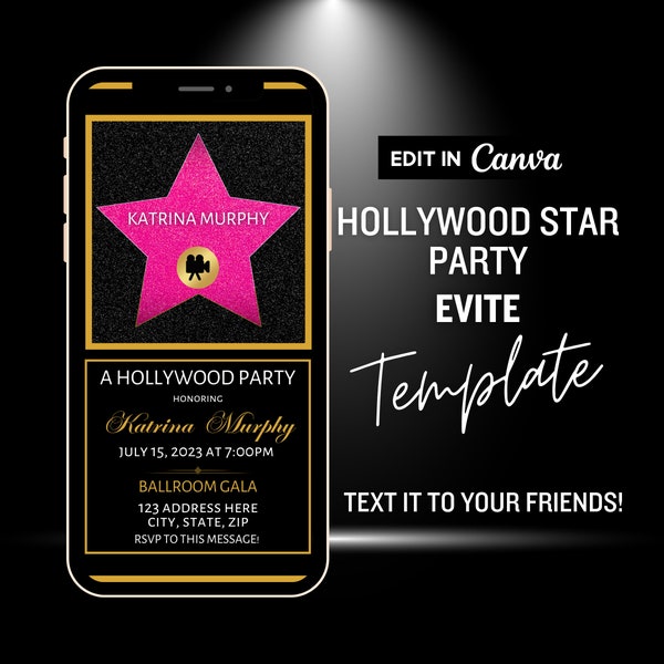 Editable Hollywood Party Evite, Hollywood Star of Fame Invite, Hollywood Birthday Invite, Walk of Fame Invite, Glamorous Invite, Template