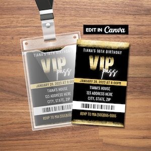 Gouden VIP Pass-feestuitnodiging, VIP-inzetstuk voor Lanyard, VIP Pass-uitnodiging, VIP-verjaardagsuitnodiging, afdrukbare VIP-pas, bewerkbaar, sjabloon