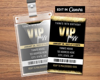 Gold VIP Pass Party Invitation, VIP Insert for Lanyard, VIP Pass Invitation, Vip Birthday Invitation, Printable Vip Pass, Editable, Template