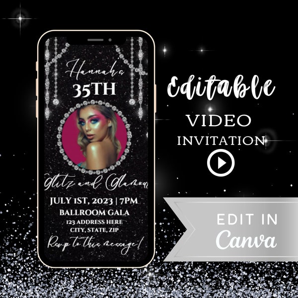 Editable Glitz And Glamour Video Invite, Birthday Video Evite, Glam Party Invite, Diamond Theme, Animated Video, Edit Yourself Video Invite