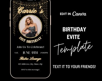 Editable Birthday Evite, Invite With Photo, Black and Gold Evite, 21st Birthday, ANY AGE, Elegant, Classy, Text Invitation, Digital Invite