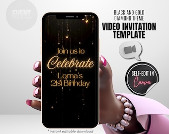 Invitación de cumpleaños en video, invitación de cumpleaños animada, Evite, celebración de cumpleaños, cualquier edad, negro, dorado, diamante, glam, invitación animada