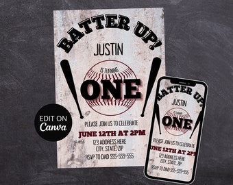 Baseball Birthday Invitation, 1st Birthday, Baseball Party Invite, Batter Up Invitation, Baseball Evite, Printable, Editable Canva Template