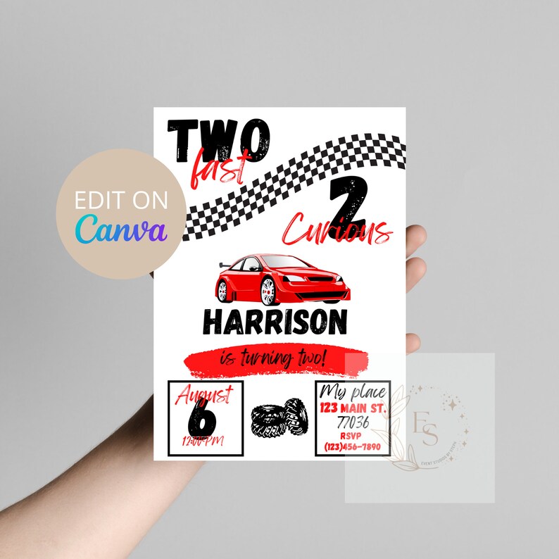Two Fast Two Curious Birthday Party Invitation Race Car Theme Digital Template