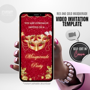 Masquerade Party Video Invitation, Red Masquerade, Red and Gold Invite, Costume Party, Sweet 16, Any Age, Animated Invite, Video Evite