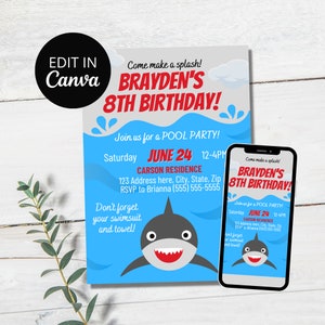 Shark Birthday Invitation Template, Shark Theme Birthday, Shark Party, Shark Pool Party, Editable Invitation Template, Evite