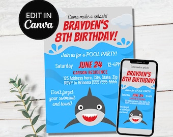 Plantilla de invitación de cumpleaños de tiburón, cumpleaños temático de tiburón, fiesta de tiburón, fiesta de piscina de tiburón, plantilla de invitación editable, Evite
