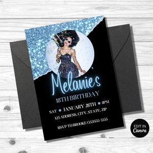 Editable Party Invitation, Birthday Invite, Blue Glitter Invite, ANY AGE Invitation, Invitation Template, Invitation With Photo, Evite