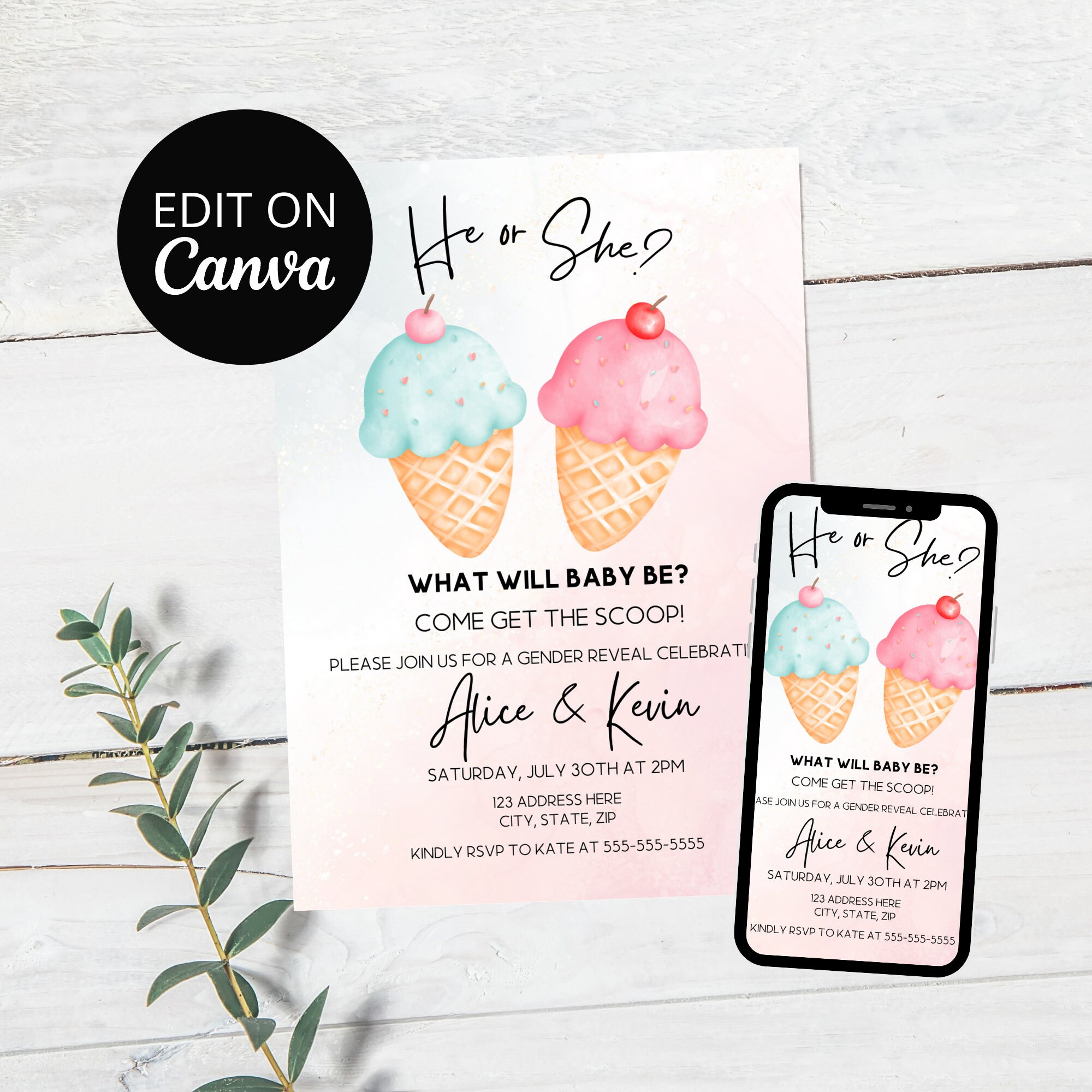 Whats the Scoop Gender Reveal Invitation Evite Come get the Scoop He or She Pink or Blue Icecream theme Baby Shower Editable