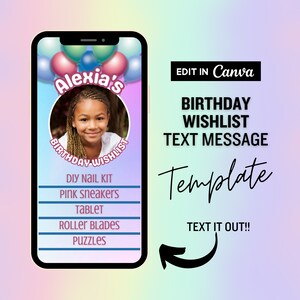 Geburtstagswunschliste Textnachricht, Wunschliste Evite, bearbeitbare Wunschliste, Geburtstagsgeschenkliste, Pastell, personalisierte Wunschliste mit Foto, Vorlage