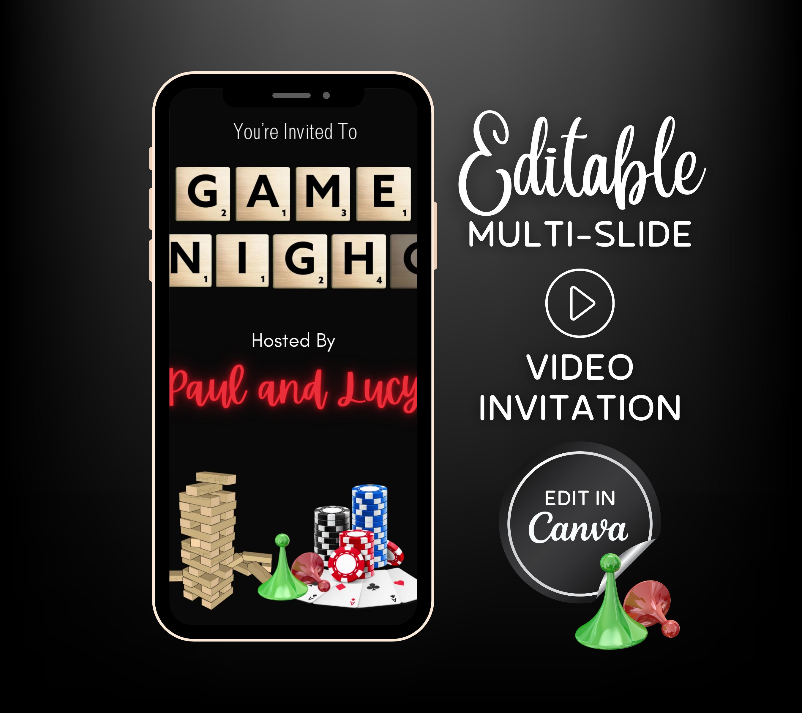 Editable Game Night Video Invite, Animated Game Night Evite, Board Game Party, Adult Game Night