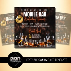 Folheto de bar móvel editável, panfleto de evento de negócios de bartender, modelo de bar móvel, modelo de serviços de bartender, modelo de panfleto de bartender faça você mesmo
