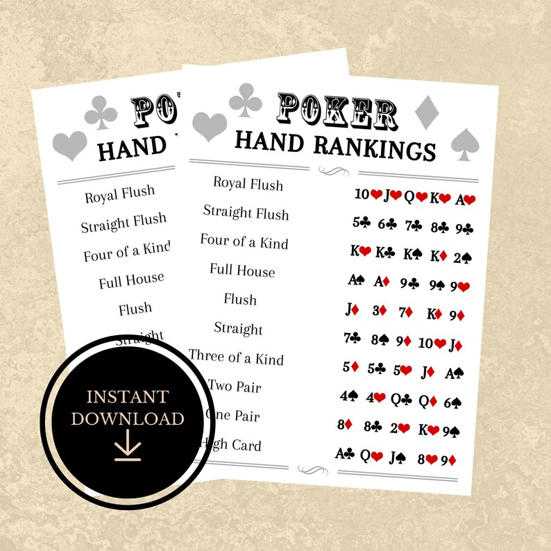 Poker Hand Rankings Print, PRINTABLE INSTANT DOWNLOAD, Poker Night ...