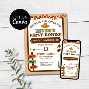 First Rodeo Birthday Invitation Template, Editable Rodeo Birthday Invite, Cowboy Theme Birthday, Western Theme Birthday, Wild West, Evite