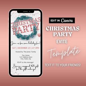 Editable Christmas Party Evite, Rose Gold Christmas Evite, Holiday Party Invite, Friendsmas Party, Text Invitation, Send Via Text, Template