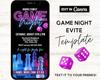 Game Night Evite, Family Game Night, Adult Game Night Party, Text Invitation, Editable Invitation Template