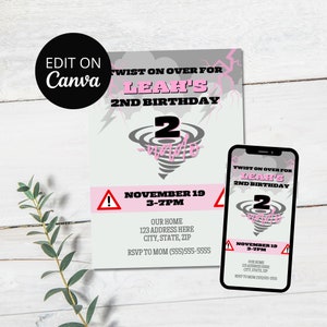 Editable Tornado Birthday Party Invitation, Two-Nado, Second Birthday, Twister Theme Party, Girls Birthday Party Invite, Evite, Template