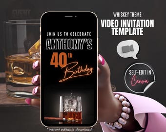 Whisky-Thema Video-Einladung, 40. Geburtstag einladen, Jedes Alter, Video Evite, Herren-Geburtstag einladen, Junggesellen-Einladen, animierte Einladung