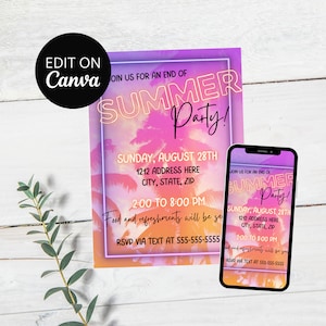 End of Summer Party Invite, Summer Bash, Beach Party, Pool Party, Block Party, Evite, Editable Template