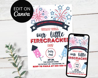 Invitación de revelación de género del 4 de julio, Pequeño petardo, Invitación de revelación patriótica del 4 de julio, Evite digital, Plantilla Canva editable