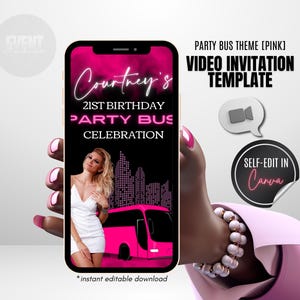 Party Bus Video Invitation, Party Bus Birthday, Bachelorette Party, Invite With Photo, Evite, Video Invite, ANY AGE, Animated Invite, Pink