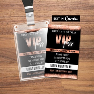Rose Gold VIP Pass Party Einladung, VIP Einsatz für Schlüsselband, VIP Pass Einladung, Vip Geburtstagseinladung, druckbare Vip Pass, bearbeitbar