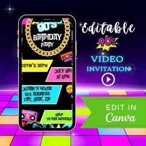 Editable 90&#39;s Birthday Video Invite, 90&#39;s Hip Hop Video Evite, 90s Theme Party Invite, Animated Video, Edit Yourself Video Invite