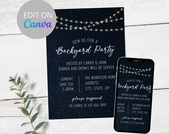 Backyard Party Invitation Template, Outdoor Party Invitation, Backyard BBQ invite, Birthday, Patio Party, Digital Evite, Canva Template