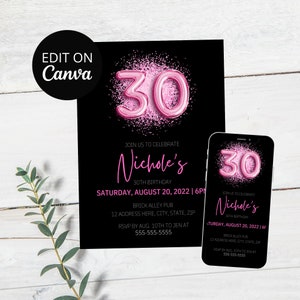 30th Birthday Invite, Milestone Birthday, Thirty, Black and Pink, Evite, Balloons, Editable Template