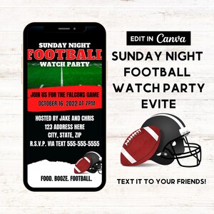 May include: A digital invitation for a Sunday night football watch party. The invitation is displayed on a smartphone screen with a football field background. The text reads "Sunday Night Football Watch Party" and includes details about the event, including the date, time, and host. The invitation also includes a football helmet and football graphic.