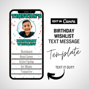 Geburtstag Wunschliste Textnachricht, Wunschliste Evite, bearbeitbare Wunschliste, Geburtstagsgeschenkliste, personalisierte Wunschliste mit Foto, Vorlage