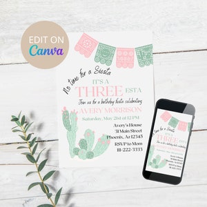 Drie esta verjaardagsuitnodiging, Cinco de Mayo verjaardag Fiesta, BEWERKBAAR, 3e verjaardag meisje uitnodigen, INSTANT DOWNLOAD digitale Canva sjabloon