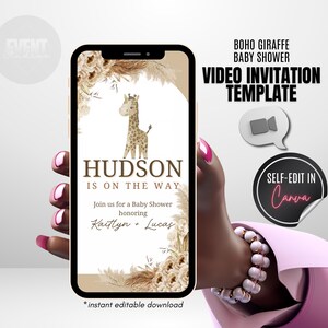 Giraffe Baby Shower Video Invite, Boho Giraffe Invite, Boho Baby Shower Invite, Gender Neutral Baby Shower, Animated Invitation, Template