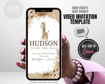 Giraffe Baby Shower Video Invite, Boho Giraffe Invite, Boho Baby Shower Invite, Gender Neutral Baby Shower, Animated Invitation, Template