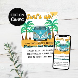 Surf&#39;s Up Birthday Invitation, ANY AGE, Surfing Theme Party, Summer, Beach Party, Digital Evite, Customizable, EDITABLE Canva Template